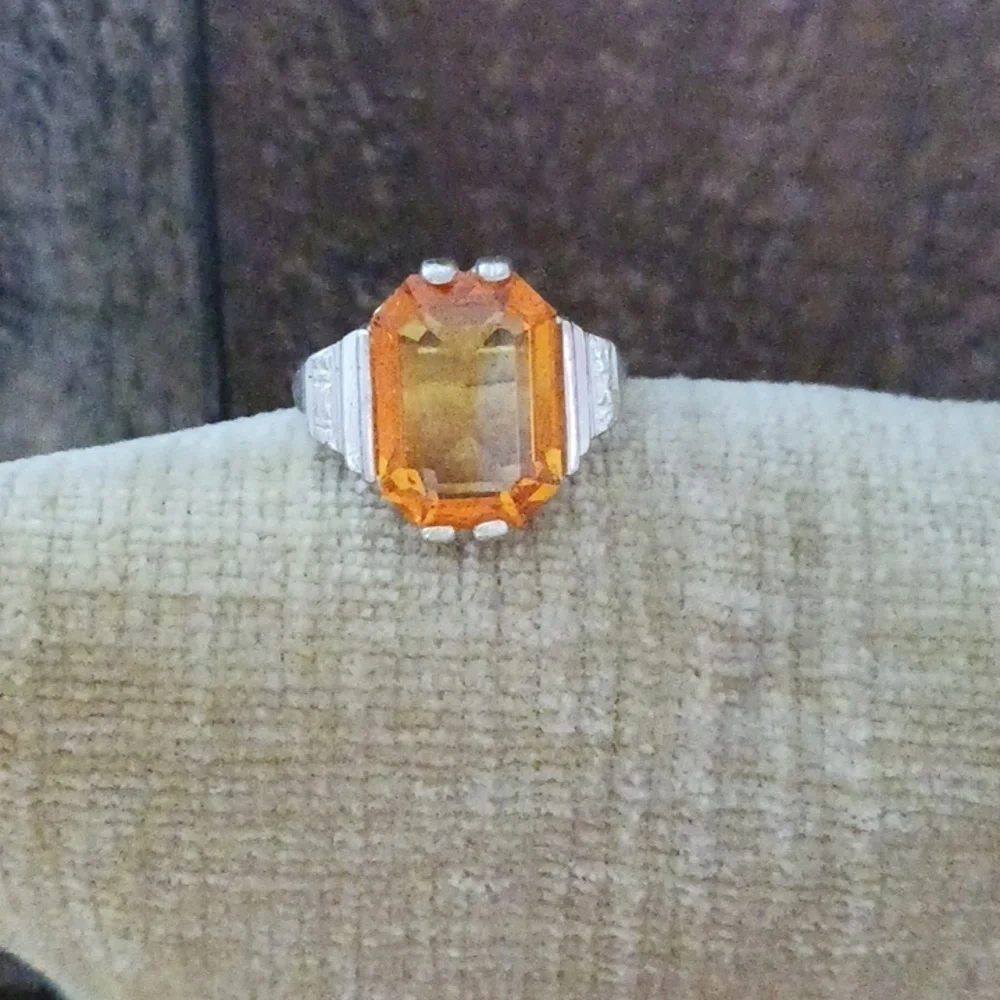 Synthetic Orange Stone Four Prong Set Silver Ring